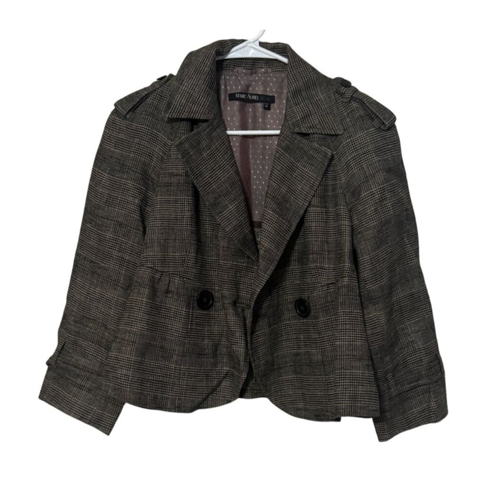 Marc Aurel Brown Plaid Linen Cropped Blazer Jacket Academic Trench Style 36 s1